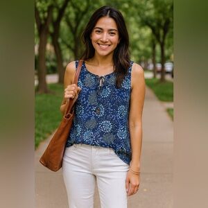 Harve Bernard Dandelion Blouse Gold Shine
Sleeveless Tie Front Blue Medium
